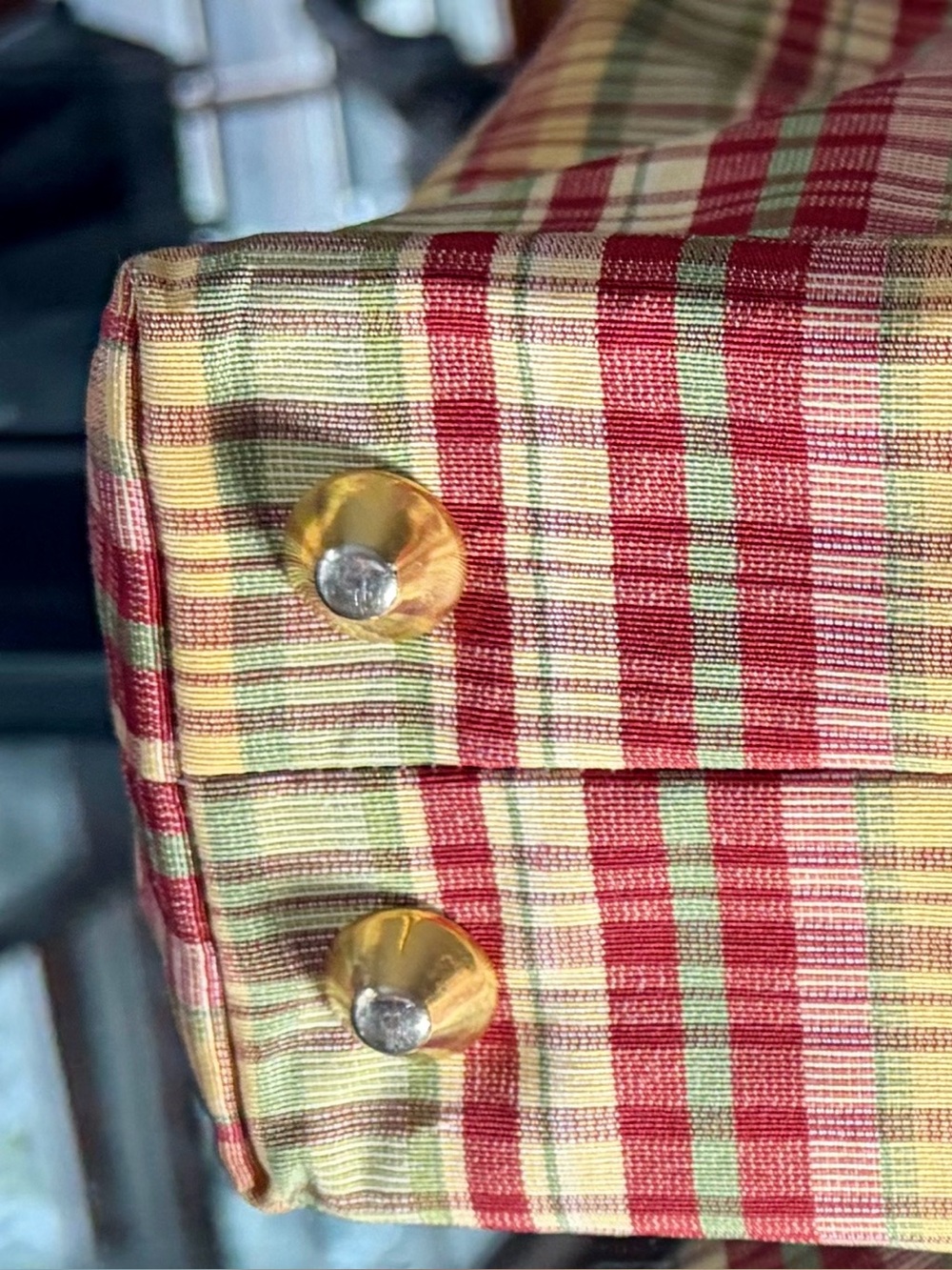 Plaid Straw Tote Bag with Bamboo Handles in Red & Green - Picture 11 of 11